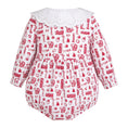 Load image into Gallery viewer, Back view flat lay of the Babycakes Smocked Bubble in Alabama, white fabric with red Alabama-themed print and eyelet collar.