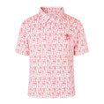 Load image into Gallery viewer, Flat lay of the Bear Cub Performance Polo in Alabama, white polo with crimson elephant, houndstooth, and 'T-TOWN 1831' print.