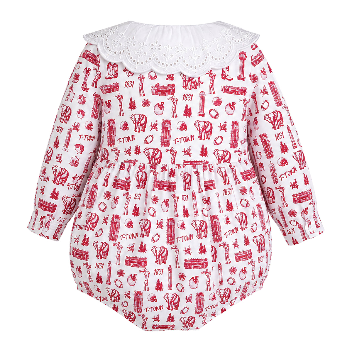 Back view flat lay of the Babycakes Smocked Bubble in Alabama, white fabric with red Alabama-themed print and eyelet collar.