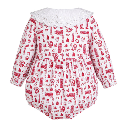 Back view flat lay of the Babycakes Smocked Bubble in Alabama, white fabric with red Alabama-themed print and eyelet collar.