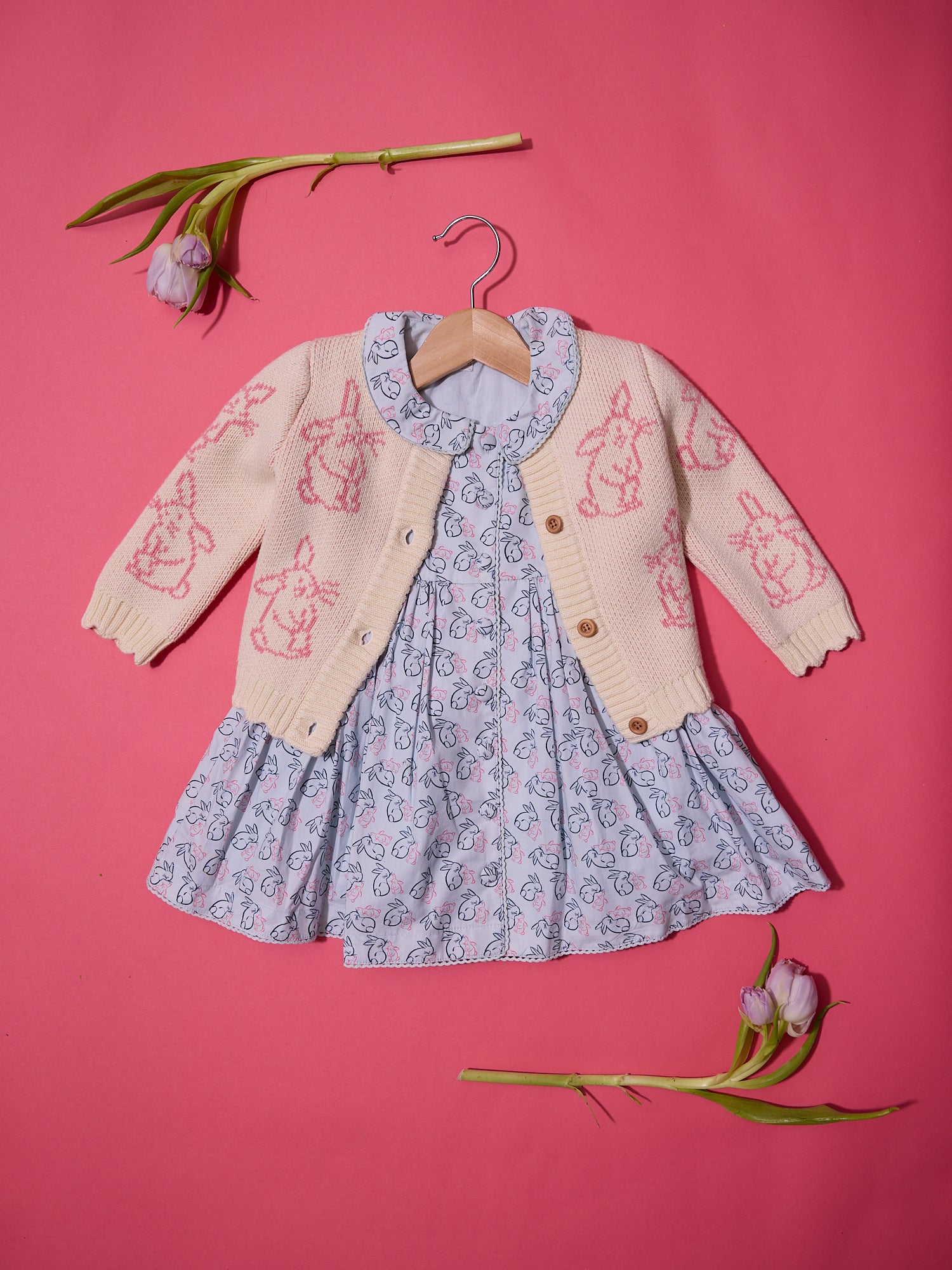 Darling Button Down Cotton Dress | Pink and Blue Bunnies