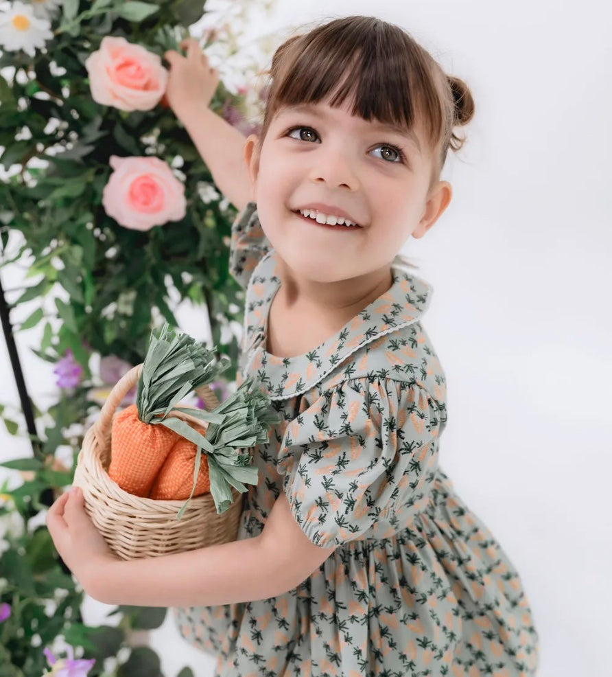 Darling Button Down Cotton Dress | Green and Orange Carrots