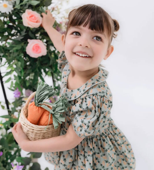 Darling Button Down Cotton Dress | Green and Orange Carrots