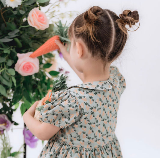 Darling Button Down Cotton Dress | Green and Orange Carrots