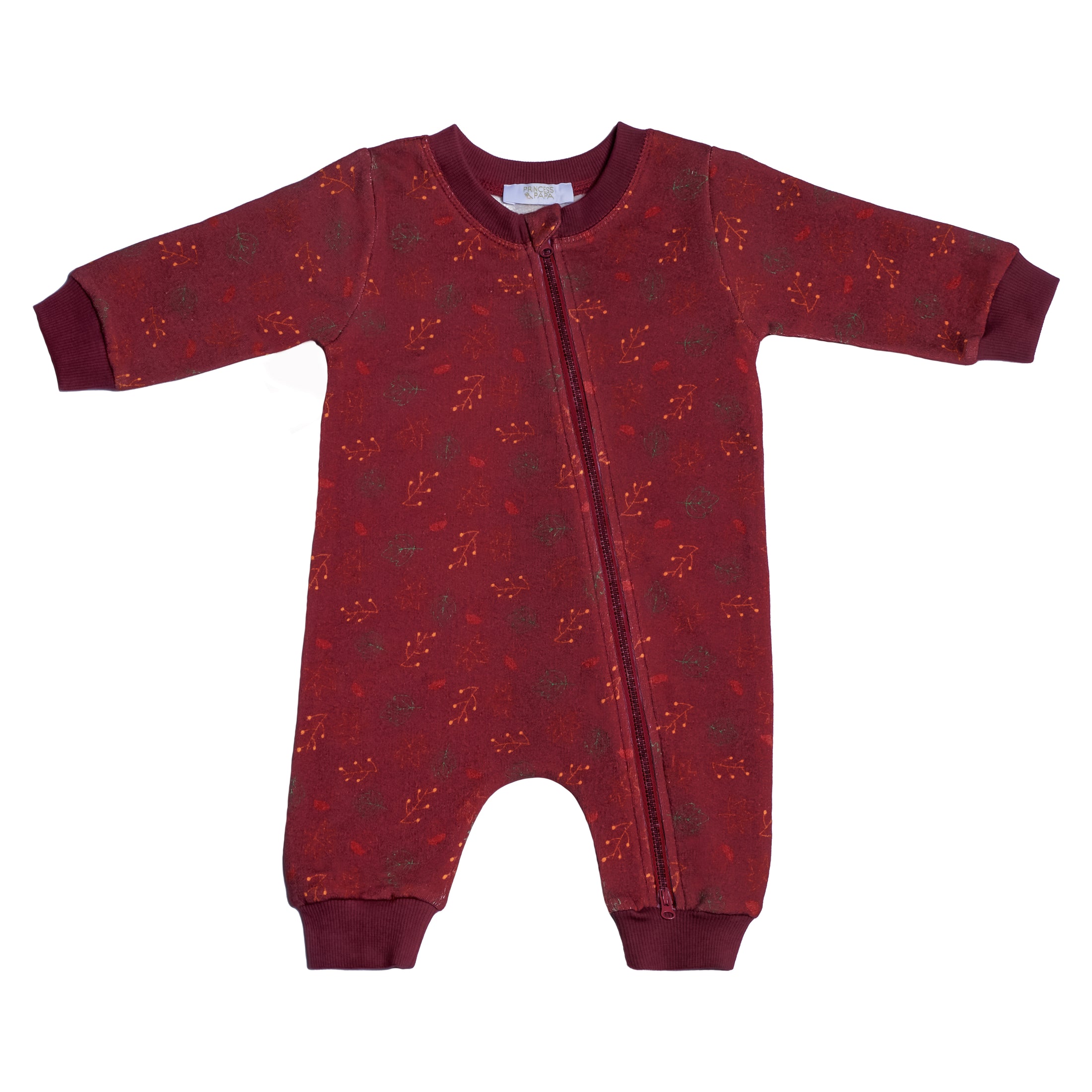 Red baby onesie with a pattern on a white background