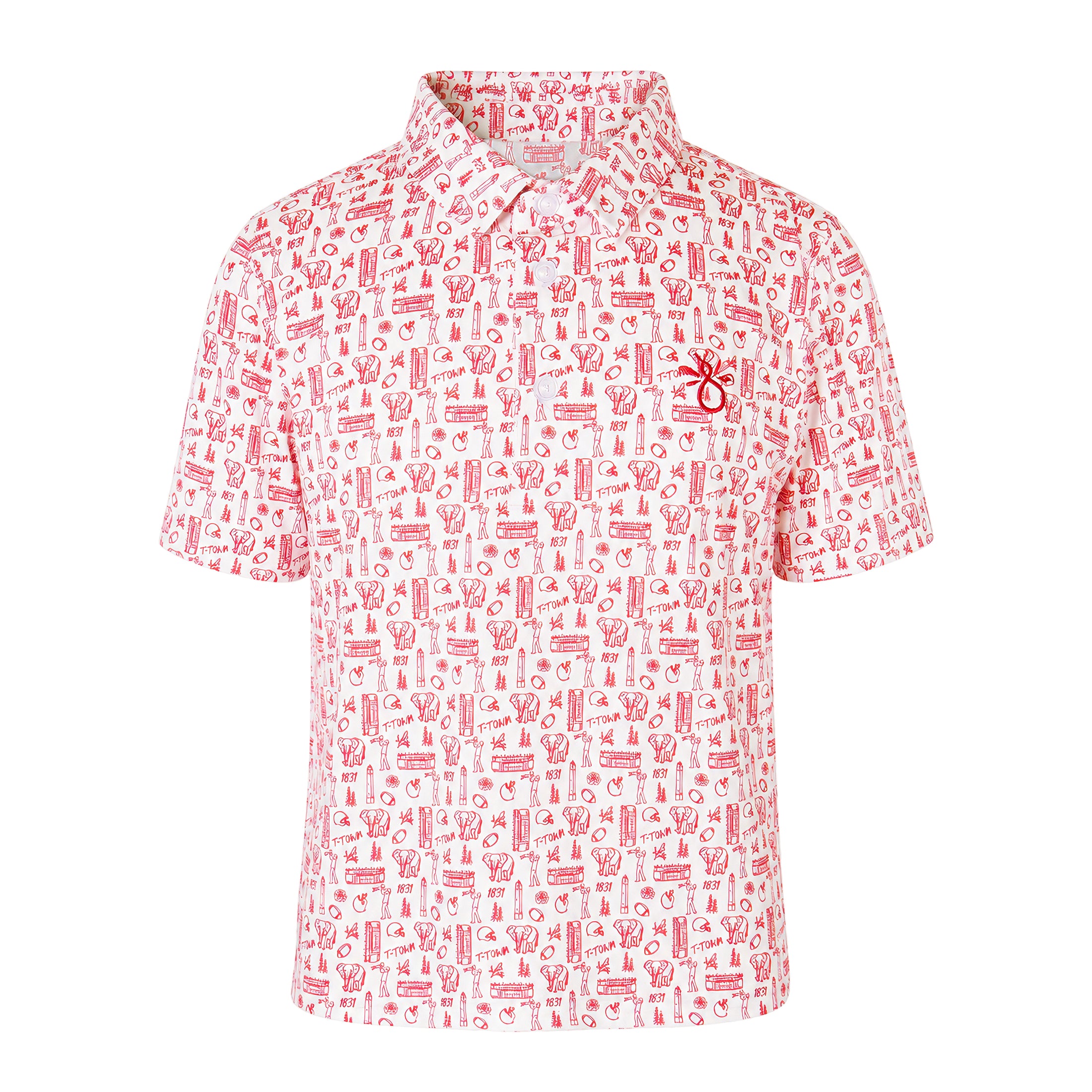 Flat lay of the Bear Cub Performance Polo in Alabama, white polo with crimson elephant, houndstooth, and 'T-TOWN 1831' print.