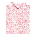 Load image into Gallery viewer, Flat lay of the folded Papa Bear Performance Polo in Alabama print, white fabric with crimson elephants and T-Town motifs.
