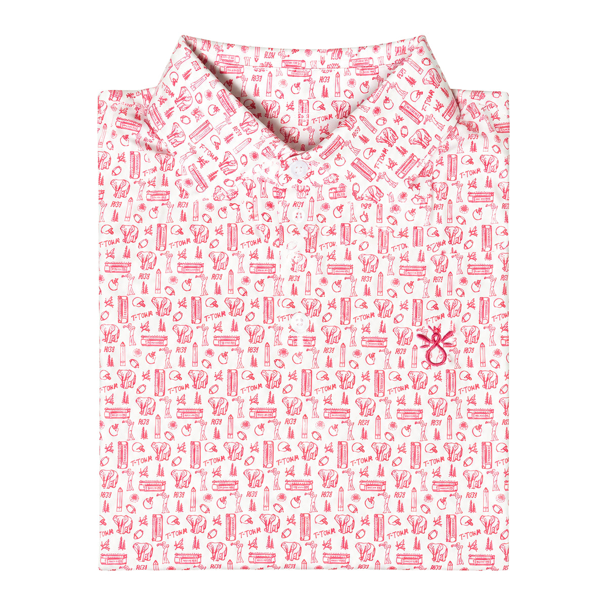 Flat lay of the folded Papa Bear Performance Polo in Alabama print, white fabric with crimson elephants and T-Town motifs.