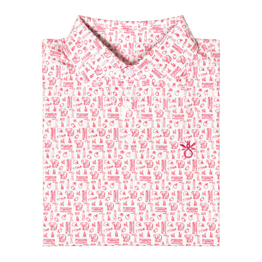 Flat lay of the folded Papa Bear Performance Polo in Alabama print, white fabric with crimson elephants and T-Town motifs.