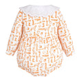 Load image into Gallery viewer, Back view flat lay of the Babycakes Smocked Bubble in Tennessee, orange collegiate print with dogs, footballs, and eyelet collar.
