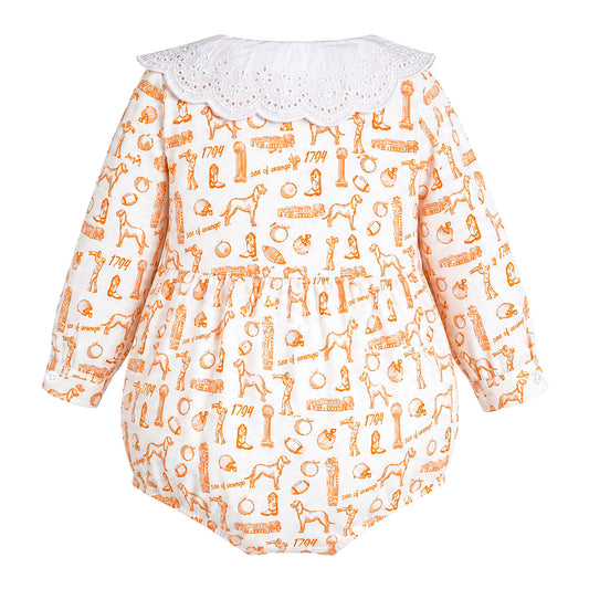 Back view flat lay of the Babycakes Smocked Bubble in Tennessee, orange collegiate print with dogs, footballs, and eyelet collar.